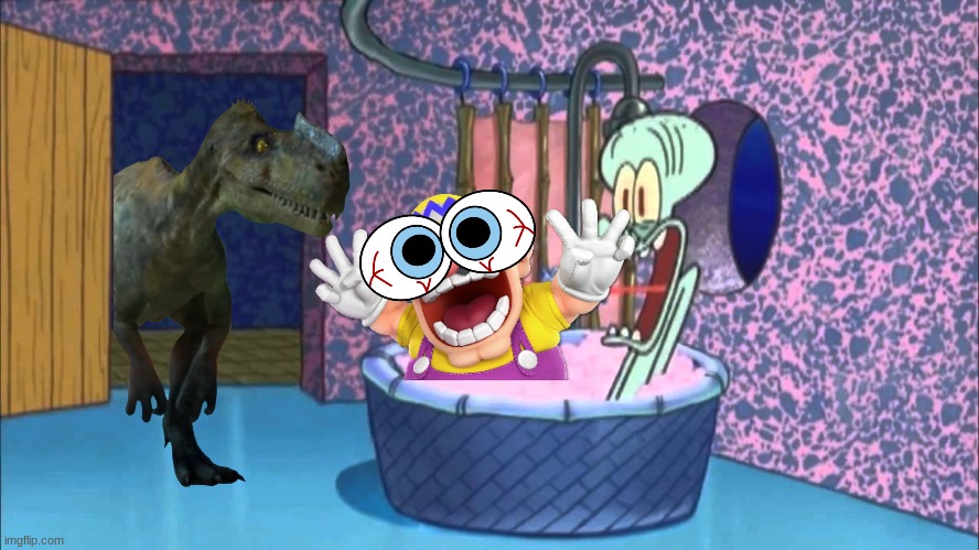 Wario and Squidward dies by a monolophosaurus while taking a bath together | image tagged in who dropped by squidward's house,wario dies,wario,jurassic park,jurassic world,dinosaur | made w/ Imgflip meme maker