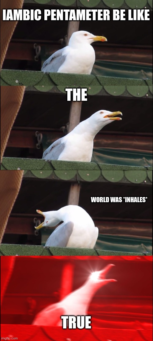 Inhaling Seagull | IAMBIC PENTAMETER BE LIKE; THE; WORLD WAS *INHALES*; TRUE | image tagged in memes,inhaling seagull,english meme,poetry | made w/ Imgflip meme maker