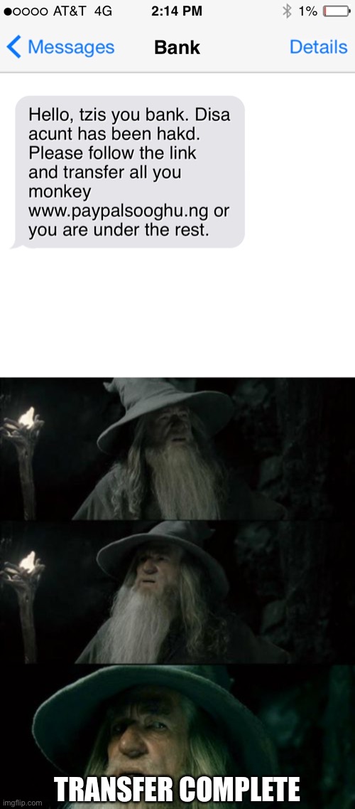 TRANSFER COMPLETE | image tagged in memes,confused gandalf | made w/ Imgflip meme maker