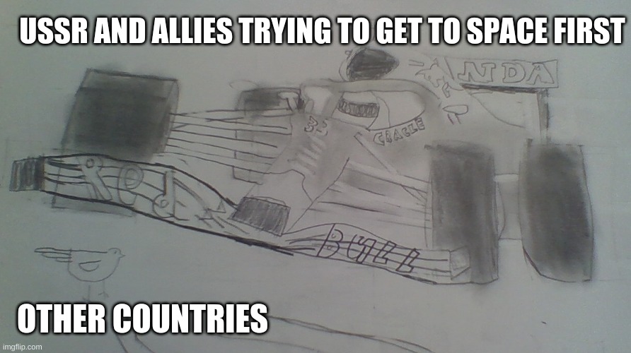 Cold war much? | USSR AND ALLIES TRYING TO GET TO SPACE FIRST; OTHER COUNTRIES | image tagged in f1 car and bird | made w/ Imgflip meme maker