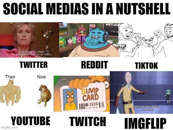 This is it in a nutshell |  SOCIAL MEDIAS IN A NUTSHELL; REDDIT; TWITTER; TIKTOK; YOUTUBE; TWITCH; IMGFLIP | image tagged in blank white template,memes,dank,henlo,funni,your mom | made w/ Imgflip meme maker