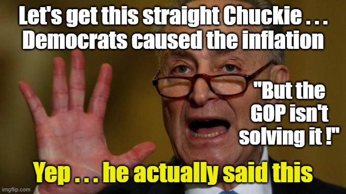 Schumer says GOP are not offering solutions to fight inflation | Let's get this straight Chuckie . . .
Democrats caused the inflation; "But the GOP isn't solving it !"; Yep . . . he actually said this | image tagged in chuck schumer,inflation,dnc,gop | made w/ Imgflip meme maker