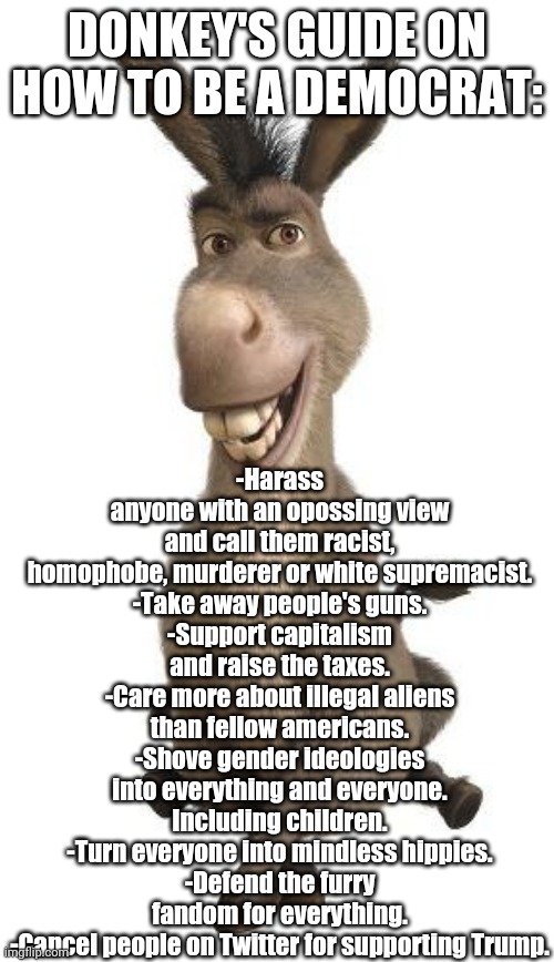 Donkey's gyide on how to be a Democrat. | -Harass anyone with an opossing view and call them racist, homophobe, murderer or white supremacist.
-Take away people's guns.
-Support capitalism and raise the taxes.
-Care more about illegal aliens than fellow americans.
-Shove gender ideologies into everything and everyone. Including children.
-Turn everyone into mindless hippies.
-Defend the furry fandom for everything.
-Cancel people on Twitter for supporting Trump. DONKEY'S GUIDE ON HOW TO BE A DEMOCRAT: | image tagged in donkey from shrek,democrats,stupid liberals,donkey | made w/ Imgflip meme maker