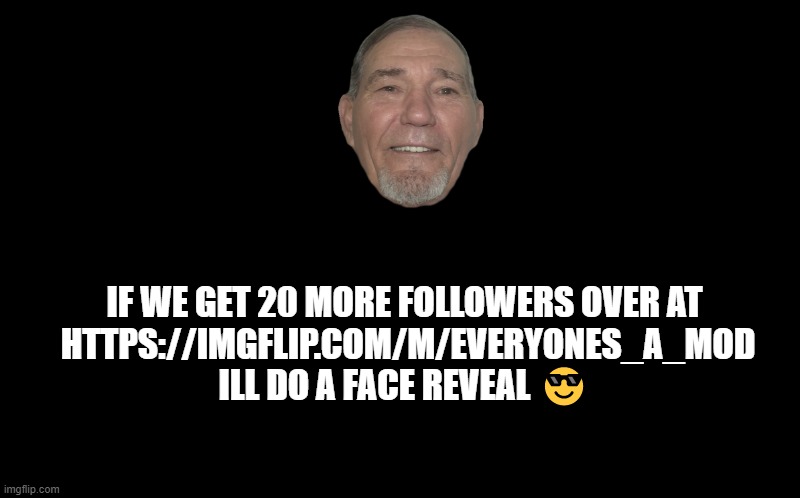 kewlew will do a face reveal | IF WE GET 20 MORE FOLLOWERS OVER AT 
HTTPS://IMGFLIP.COM/M/EVERYONES_A_MOD
ILL DO A FACE REVEAL 😎 | image tagged in face reveal,kewlew | made w/ Imgflip meme maker