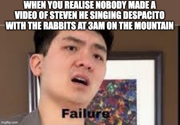 WHY |  WHEN YOU REALISE NOBODY MADE A VIDEO OF STEVEN HE SINGING DESPACITO WITH THE RABBITS AT 3AM ON THE MOUNTAIN | image tagged in failure | made w/ Imgflip meme maker