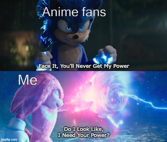 Anime meme | Anime fans; Me | image tagged in do i look like i need your power meme,anime memes,anime | made w/ Imgflip meme maker
