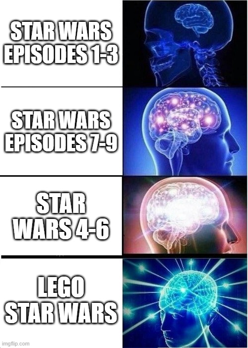 Expanding Brain | STAR WARS EPISODES 1-3; STAR WARS EPISODES 7-9; STAR WARS 4-6; LEGO STAR WARS | image tagged in memes,expanding brain | made w/ Imgflip meme maker