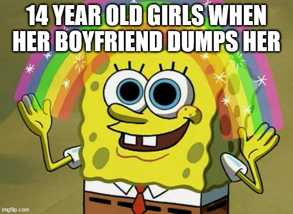 Imagination Spongebob | 14 YEAR OLD GIRLS WHEN HER BOYFRIEND DUMPS HER | image tagged in memes,imagination spongebob | made w/ Imgflip meme maker