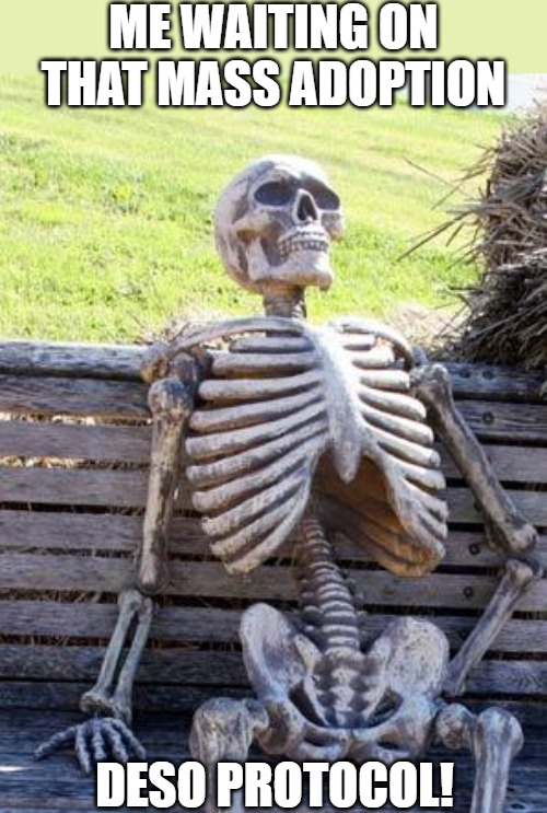 TILL THE END | ME WAITING ON THAT MASS ADOPTION; DESO PROTOCOL! | image tagged in memes,waiting skeleton | made w/ Imgflip meme maker