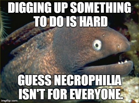 A Little Dark Humor | DIGGING UP SOMETHING TO DO IS HARD GUESS NECROPHILIA ISN'T FOR EVERYONE. | image tagged in memes,bad joke eel,funny,dark humor,wtf | made w/ Imgflip meme maker