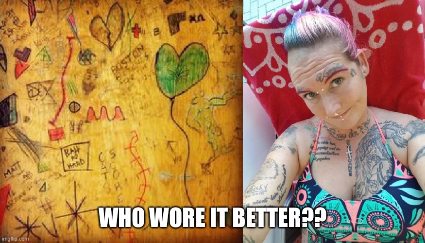 Detention Desk |  WHO WORE IT BETTER?? | image tagged in detention,desk,tattoos,ewwww | made w/ Imgflip meme maker