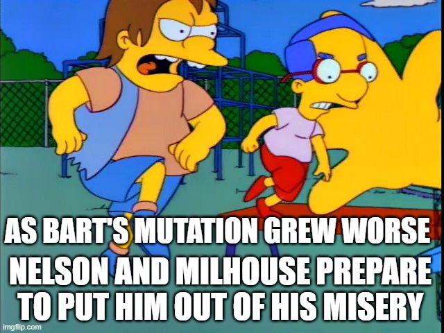 Nice friends! | AS BART'S MUTATION GREW WORSE; NELSON AND MILHOUSE PREPARE TO PUT HIM OUT OF HIS MISERY | image tagged in science,friends,mutant | made w/ Imgflip meme maker