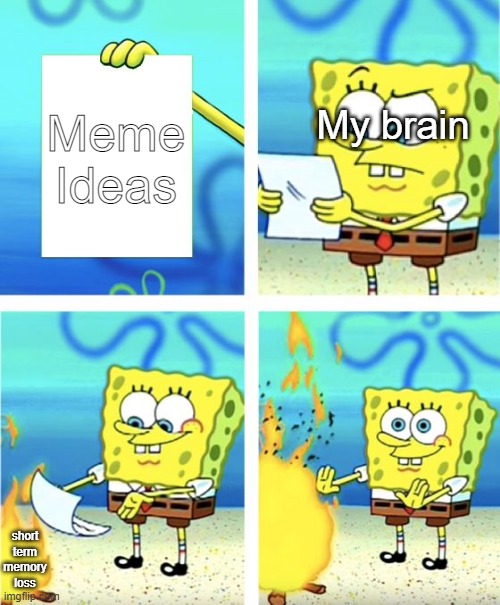 Spongebob Burning Paper | Meme Ideas; My brain; short term memory loss | image tagged in spongebob burning paper | made w/ Imgflip meme maker
