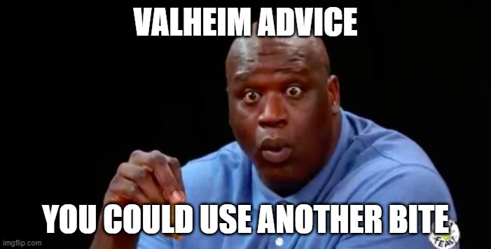 surprised shaq | VALHEIM ADVICE; YOU COULD USE ANOTHER BITE | image tagged in surprised shaq | made w/ Imgflip meme maker