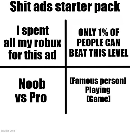 Blank Starter Pack | Shit ads starter pack; ONLY 1% OF PEOPLE CAN BEAT THIS LEVEL; I spent all my robux for this ad; Noob vs Pro; [Famous person] 
Playing 
[Game] | image tagged in memes,blank starter pack | made w/ Imgflip meme maker