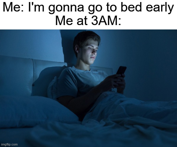 Daily Meme Supplies #5 | Me: I'm gonna go to bed early
Me at 3AM: | image tagged in relatable,memes,3am | made w/ Imgflip meme maker