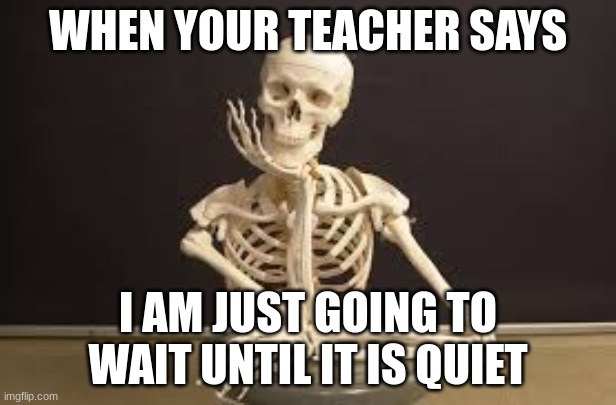 Teacher...Thing | WHEN YOUR TEACHER SAYS; I AM JUST GOING TO WAIT UNTIL IT IS QUIET | image tagged in funny,teachers,skeleton,waiting skeleton | made w/ Imgflip meme maker