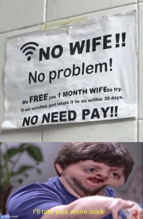 Guys who wants free wifes | image tagged in i'll take your entire stock,engrish,funny,memes | made w/ Imgflip meme maker