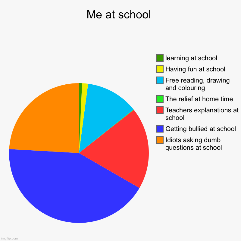 Me at school | Idiots asking dumb questions at school, Getting bullied at school, Teachers explanations at school, The relief at home time,  | image tagged in charts,pie charts | made w/ Imgflip chart maker