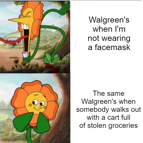 That's why thieves wear masks | Walgreen's when I'm not wearing a facemask; The same Walgreen's when somebody walks out with a cart full of stolen groceries | image tagged in cuphead flower | made w/ Imgflip meme maker