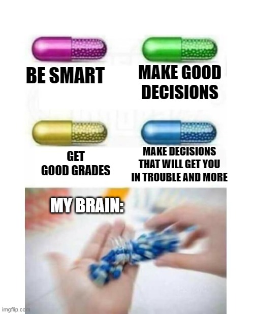 relatable? |  MAKE GOOD DECISIONS; BE SMART; MAKE DECISIONS THAT WILL GET YOU IN TROUBLE AND MORE; GET GOOD GRADES; MY BRAIN: | image tagged in blank pills meme,relatable,yes,meme | made w/ Imgflip meme maker