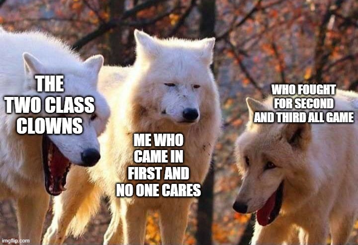 Laughing wolf | THE TWO CLASS CLOWNS ME WHO CAME IN FIRST AND NO ONE CARES WHO FOUGHT FOR SECOND AND THIRD ALL GAME | image tagged in laughing wolf | made w/ Imgflip meme maker