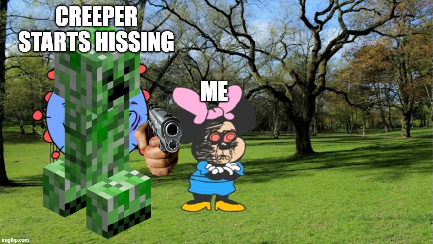 Mommie mokey virus | CREEPER STARTS HISSING; ME | image tagged in mommie mokey virus | made w/ Imgflip meme maker