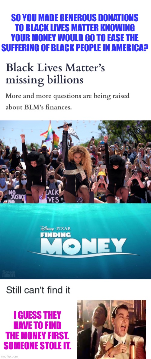 Hahahaha you got Hoodwinked | SO YOU MADE GENEROUS DONATIONS TO BLACK LIVES MATTER KNOWING YOUR MONEY WOULD GO TO EASE THE SUFFERING OF BLACK PEOPLE IN AMERICA? I GUESS THEY HAVE TO FIND THE MONEY FIRST. SOMEONE STOLE IT. | image tagged in blm theft,i gave,wheeeeeres the money,3 houses for patrice,dumb liberals | made w/ Imgflip meme maker