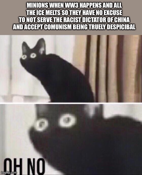 Oh no cat | MINIONS WHEN WW3 HAPPENS AND ALL THE ICE MELTS SO THEY HAVE NO EXCUSE TO NOT SERVE THE RACIST DICTATOR OF CHINA AND ACCEPT COMUNISM BEING TRUELY DESPICIBAL | image tagged in oh no cat | made w/ Imgflip meme maker