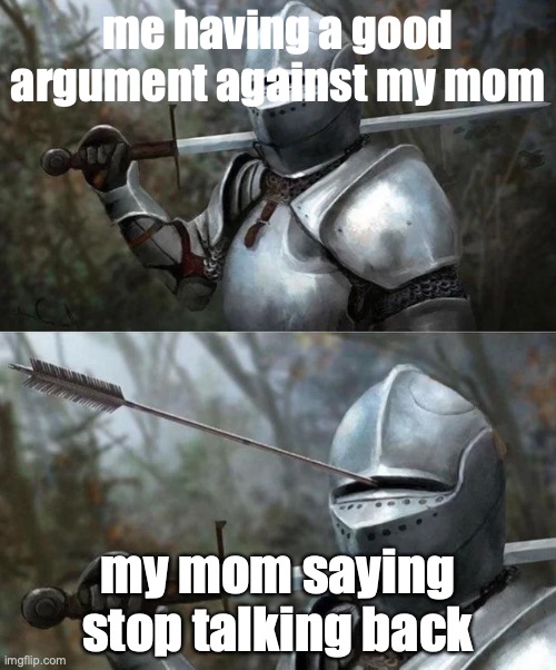 Medieval Knight with Arrow In Eye Slot |  me having a good argument against my mom; my mom saying stop talking back | image tagged in medieval knight with arrow in eye slot | made w/ Imgflip meme maker