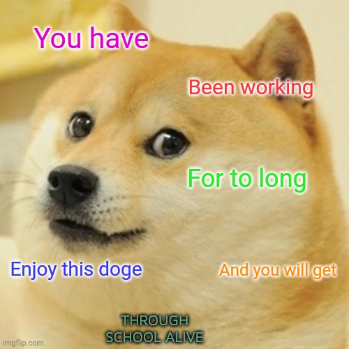 STOP SWIPING | You have; Been working; For to long; Enjoy this doge; And you will get; THROUGH SCHOOL ALIVE | image tagged in memes,doge | made w/ Imgflip meme maker