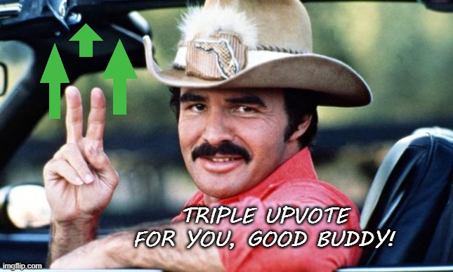 Burt Reynolds | TRIPLE UPVOTE FOR YOU, GOOD BUDDY! | image tagged in burt reynolds | made w/ Imgflip meme maker