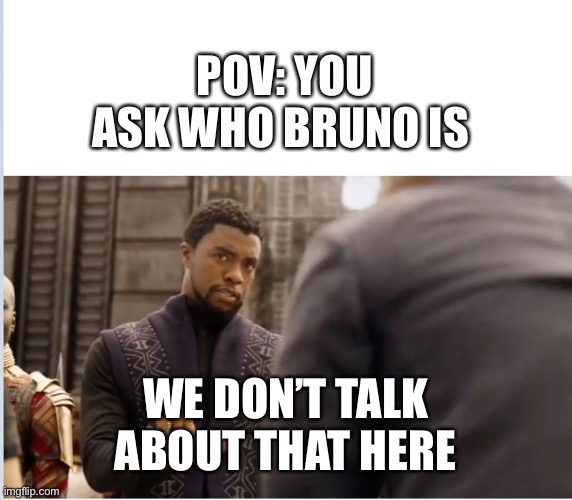 We don't do that here | POV: YOU ASK WHO BRUNO IS; WE DON’T TALK ABOUT THAT HERE | image tagged in we don't do that here,encanto,we don't talk about bruno,bruno | made w/ Imgflip meme maker