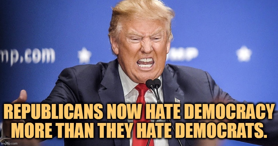 Trump angry when his bubble is pricked | REPUBLICANS NOW HATE DEMOCRACY MORE THAN THEY HATE DEMOCRATS. | image tagged in trump angry when his bubble is pricked,trump,republicans,hate,democracy | made w/ Imgflip meme maker