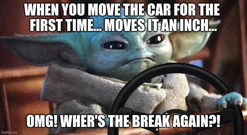 Panic Drivers be like... | WHEN YOU MOVE THE CAR FOR THE 
FIRST TIME... MOVES IT AN INCH... OMG! WHER'S THE BREAK AGAIN?! | image tagged in baby yoda driving | made w/ Imgflip meme maker