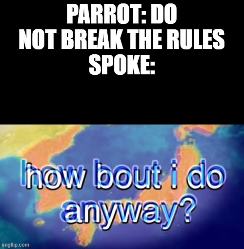 he did | PARROT: DO NOT BREAK THE RULES
SPOKE: | image tagged in how bout i do anyway | made w/ Imgflip meme maker