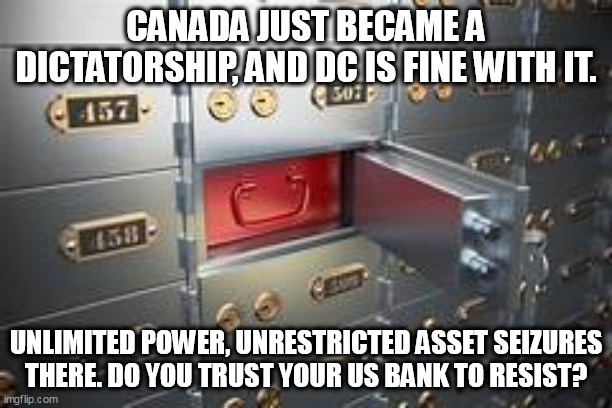 Got a bank account? You sure? |  CANADA JUST BECAME A DICTATORSHIP, AND DC IS FINE WITH IT. UNLIMITED POWER, UNRESTRICTED ASSET SEIZURES THERE. DO YOU TRUST YOUR US BANK TO RESIST? | image tagged in politics,emmanuel macron,marxism,dictator | made w/ Imgflip meme maker