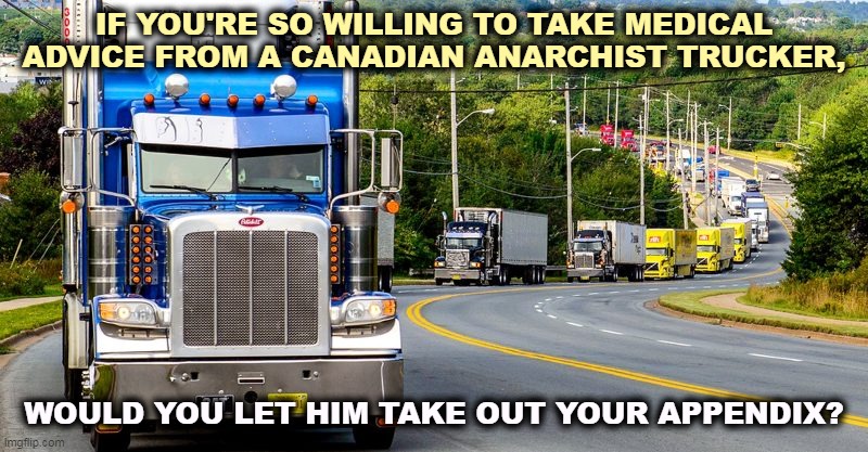 Trucker Convoy | IF YOU'RE SO WILLING TO TAKE MEDICAL ADVICE FROM A CANADIAN ANARCHIST TRUCKER, WOULD YOU LET HIM TAKE OUT YOUR APPENDIX? | image tagged in trucker convoy,medical,ignorant,canada,trucker | made w/ Imgflip meme maker