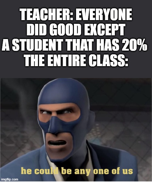 School Memes | TEACHER: EVERYONE DID GOOD EXCEPT A STUDENT THAT HAS 20% 
THE ENTIRE CLASS: | image tagged in he could be anyone of us,school memes,funny memes | made w/ Imgflip meme maker