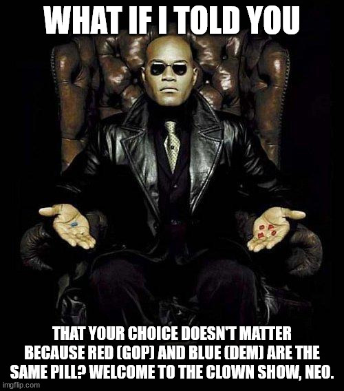 The Politicians are all alike |  WHAT IF I TOLD YOU; THAT YOUR CHOICE DOESN'T MATTER BECAUSE RED (GOP) AND BLUE (DEM) ARE THE SAME PILL? WELCOME TO THE CLOWN SHOW, NEO. | image tagged in morpheus blue red pill | made w/ Imgflip meme maker