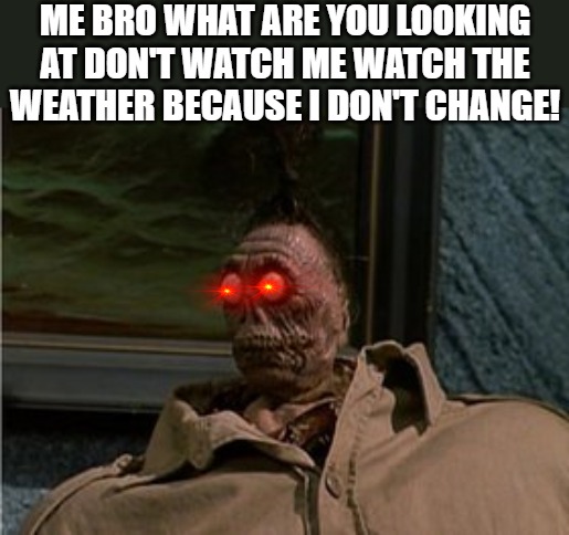 stop starring! | ME BRO WHAT ARE YOU LOOKING AT DON'T WATCH ME WATCH THE WEATHER BECAUSE I DON'T CHANGE! | image tagged in skinny little bean head,skinny,shrunking head | made w/ Imgflip meme maker