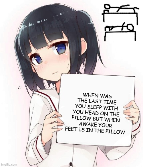 idk probably 11 again xD | WHEN WAS THE LAST TIME YOU SLEEP WITH YOU HEAD ON THE PILLOW BUT WHEN AWAKE YOUR FEET IS IN THE PILLOW | image tagged in anime holding a sign,memes,funny,msmg | made w/ Imgflip meme maker