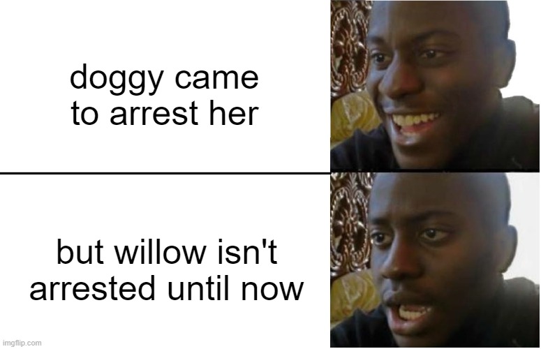 Disappointed Black Guy | doggy came to arrest her but willow isn't arrested until now | image tagged in disappointed black guy | made w/ Imgflip meme maker