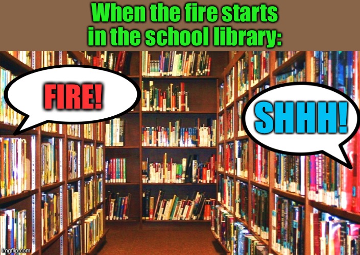 Library | FIRE! SHHH! When the fire starts in the school library: | image tagged in library | made w/ Imgflip meme maker