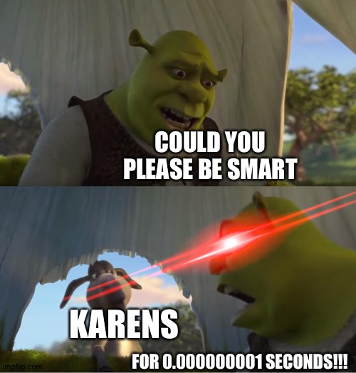 Shrek For Five Minutes | COULD YOU PLEASE BE SMART FOR 0.000000001 SECONDS!!! KARENS | image tagged in shrek for five minutes | made w/ Imgflip meme maker