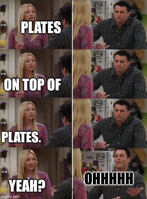 Phoebe teaching Joey in Friends | PLATES PLATES. ON TOP OF YEAH? OHHHHH | image tagged in phoebe teaching joey in friends | made w/ Imgflip meme maker