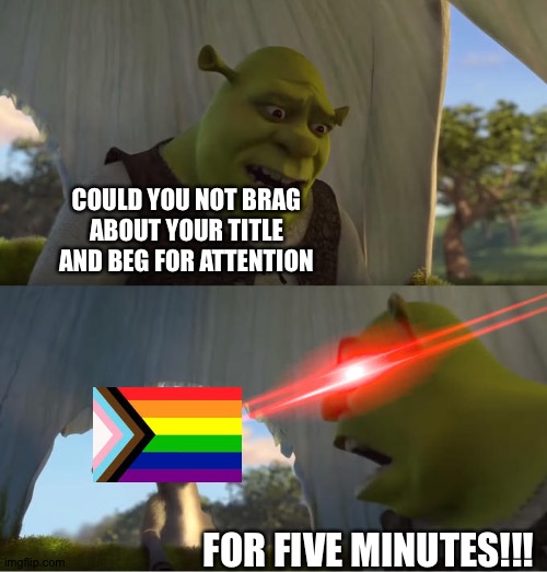 I'm not homophobic but chill, please.... |  COULD YOU NOT BRAG ABOUT YOUR TITLE AND BEG FOR ATTENTION; FOR FIVE MINUTES!!! | image tagged in shrek for five minutes,gay pride,community,gay pride flag,memes | made w/ Imgflip meme maker