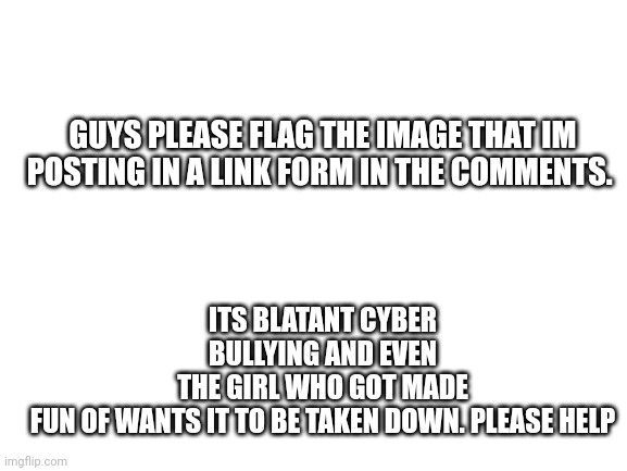 Blank White Template | ITS BLATANT CYBER BULLYING AND EVEN THE GIRL WHO GOT MADE FUN OF WANTS IT TO BE TAKEN DOWN. PLEASE HELP; GUYS PLEASE FLAG THE IMAGE THAT IM POSTING IN A LINK FORM IN THE COMMENTS. | image tagged in blank white template | made w/ Imgflip meme maker
