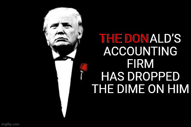 Random Comment | THE DONALD’S ACCOUNTING FIRM HAS DROPPED THE DIME ON HIM; THE DON | image tagged in don trump corleone mafia boss,memes,comments,it came from the comments,lock him up,trump's going down | made w/ Imgflip meme maker
