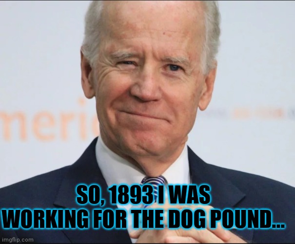 Stories from a dementia patient | SO, 1893 I WAS WORKING FOR THE DOG POUND... | image tagged in joe biden wink,oh come on,man | made w/ Imgflip meme maker